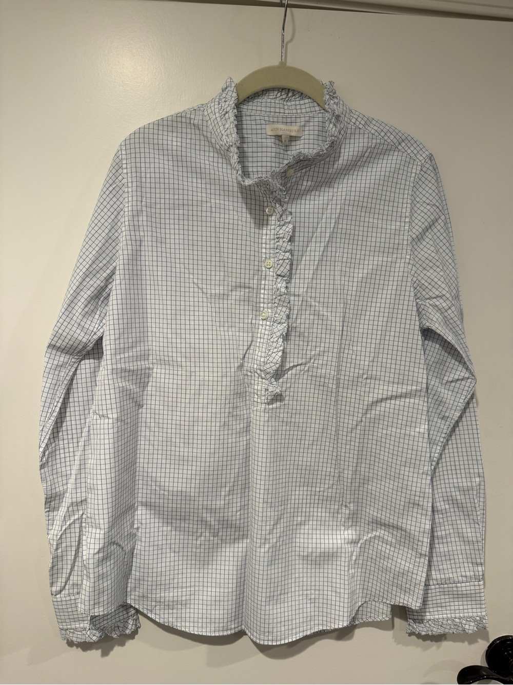 Ann Mashburn Ruffled Collar Check Button-Front Shirt - Light Blue/White